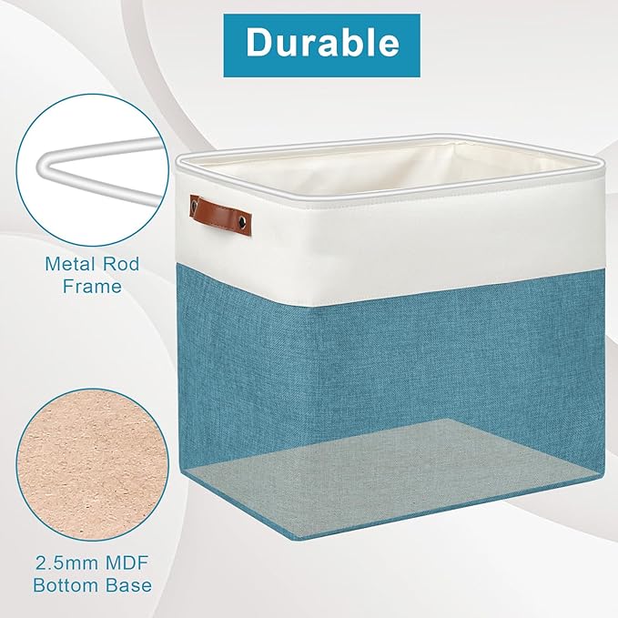 Large Fabric Storage Baskets | 50L Storage Bins, Decorative Linen Closet Baskets with Handles for Organizing, Shelf, Toys, Clothes, Home, Office, Nursery, 17x12x15Inches (Teal&White)-Ruum Studio Home