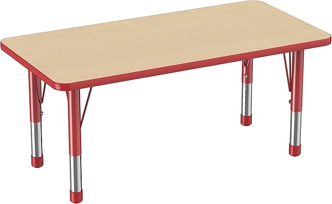 FDP Rectangle Activity School and Kids Classroom Table (24 x 48 inch), Toddler Legs, Adjustable Height 15-24 inches - Maple Top and Red Edge-Ruum Studio Home