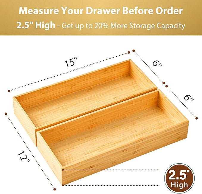Umilife Bamboo Kitchen Utensils Organizer, Extra High Silverware Drawer Tray, Flatware Cutlery Storage Box, Multi-Use Holder in Office, Bathroom, Pantry - 15"x6"x2.5" (Set of 2)-Ruum Studio Home