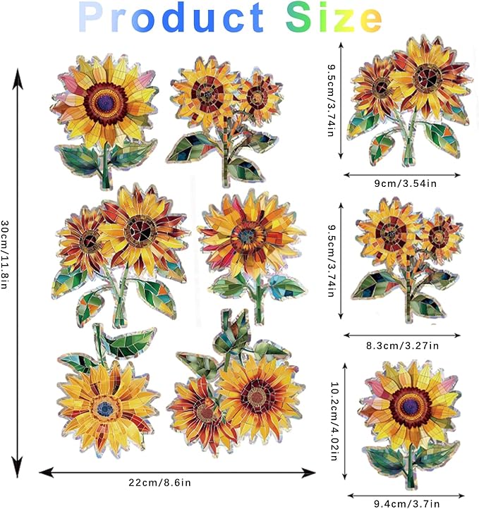 12pcs Window Decals for Bird Strikes, Anti Collision Window Clings, Rainbow Reflection Window Sticker, Sunflower Style Sun Catcher Stickers for Glass Windows-Ruum Studio Home