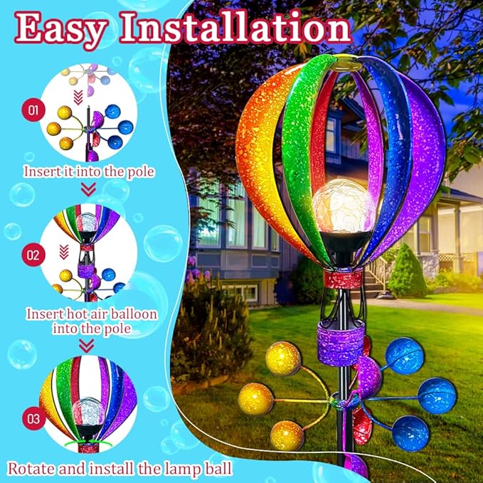 Solar Wind Spinner Outdoor - Hot Air Balloon Wind Spinners, Metal Garden Decor with LED Lights, 360° Rotating Waterproof Yard Decorations, Solar Powered for Day & Night, Lawn & Patio Windmill-Ruum Studio Home