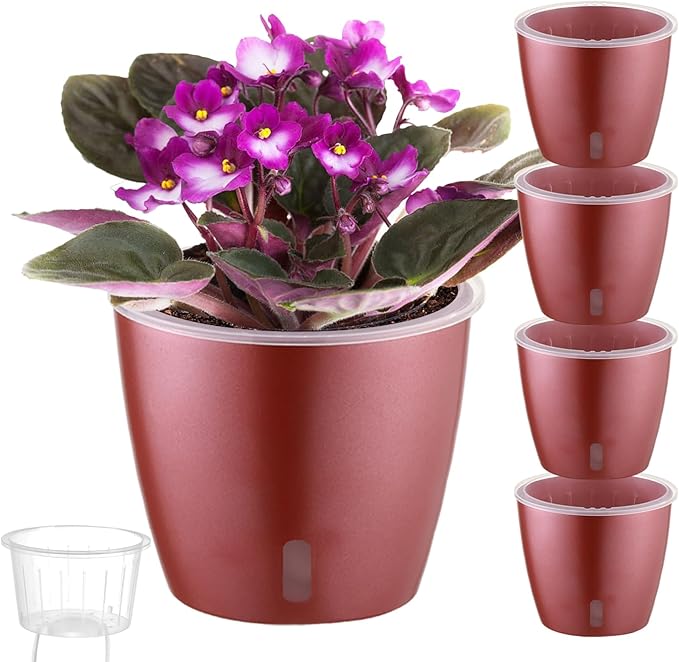 Self Watering Pots for Indoor Plants, 4-Pack 6.7'' Self Watering Planter with Drainage Holes, Small African Violet Pots with Water Indicator, Clear Wick Orchid Pot, Rose Gold-Ruum Studio Home