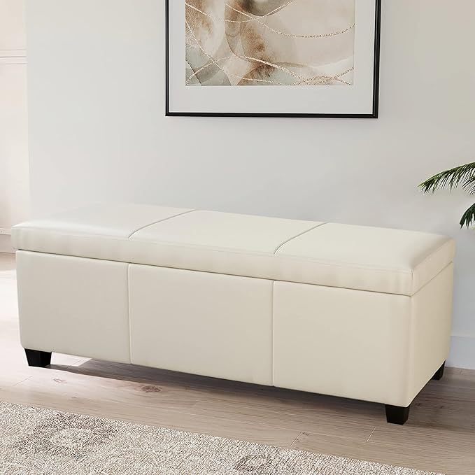 BELLEZE 47 Inch Storage Ottoman, Faux Leather Storage Bench Bedroom Bench with Safety Close Hinge, Ottoman with Storage for Living Room, Entryway, Hallway, Foot Rest, Support 300lbs - Cream-Ruum Studio Home