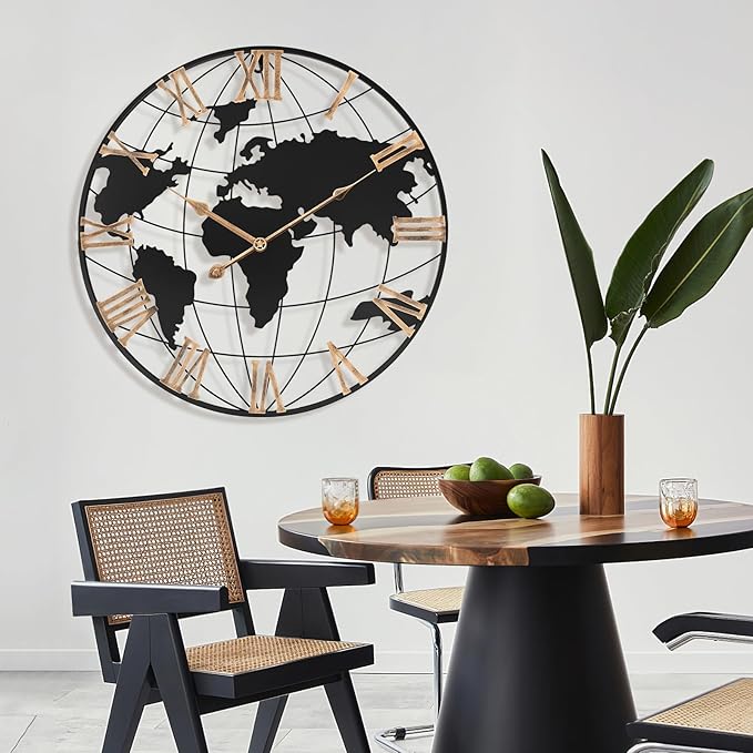 20 Inch Large Wall Clock for Living Room Decor,Big Modern Decorative Silent World Map Metal Wall Clock with Vintage Gold Roman Numeral for Office,Living Room,Kitchen,Dining Room-Ruum Studio Home
