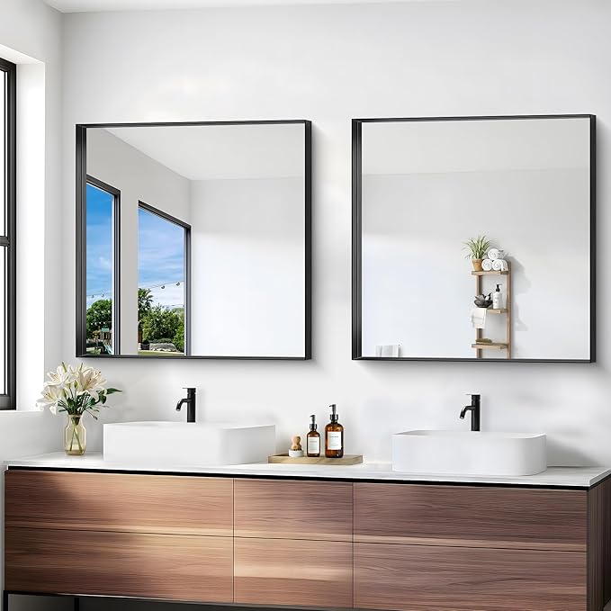 Black Bathroom Mirror, 30x30 Inch Rectangular Framed Mirror, Large Wall Mounted Bathroom Vanity Mirror Over Sink for Bedroom,Restroom, Living Room, Hangs Vertically or Horizontally-Ruum Studio Home