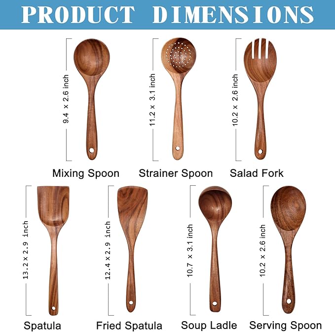 Wooden Non-Stick Kitchen Pan Toolset 7 Pieces Set,100% Natural Teak Kitchen Utensils Spatula, Wooden Cooking Utensils Spoons, Fried Spatula and Salad Fork-Ruum Studio Home