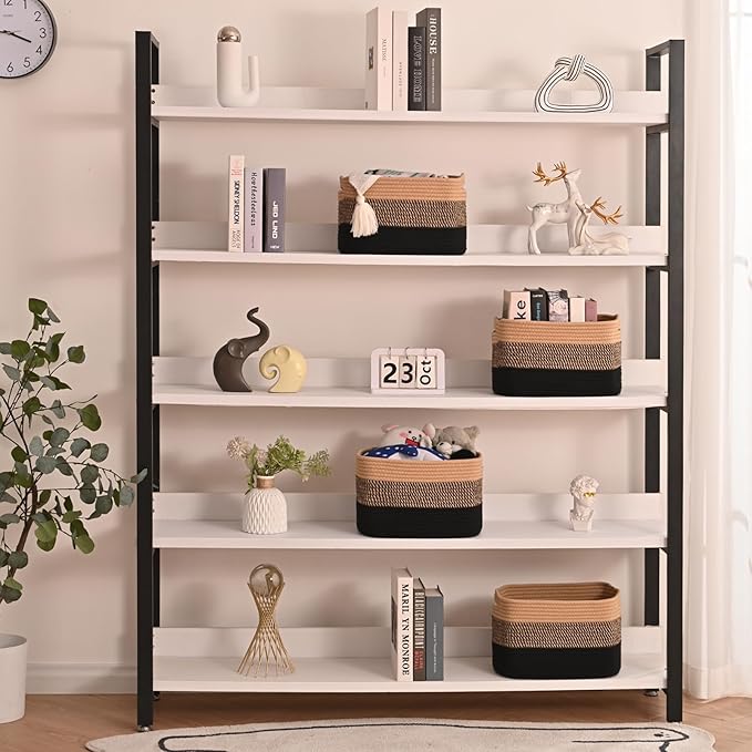 Storage Baskets for Shelves Organizing, Woven Cotton Rope Baskets for Storage, Book Basket, Towel Basket, 12.5"Lx9.1''Wx7.9''H (4 Packs) Gradient Black & Jute-Ruum Studio Home