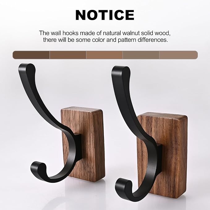 6 Pack Wooden Wall Hooks for Hanging, Adhesive Mounted & Wall Mount Nature Wood Coat Hooks for Towel Clothes Blanket Hat Backpack Robe Nursery Door Board Entryway Key Holder-Ruum Studio Home