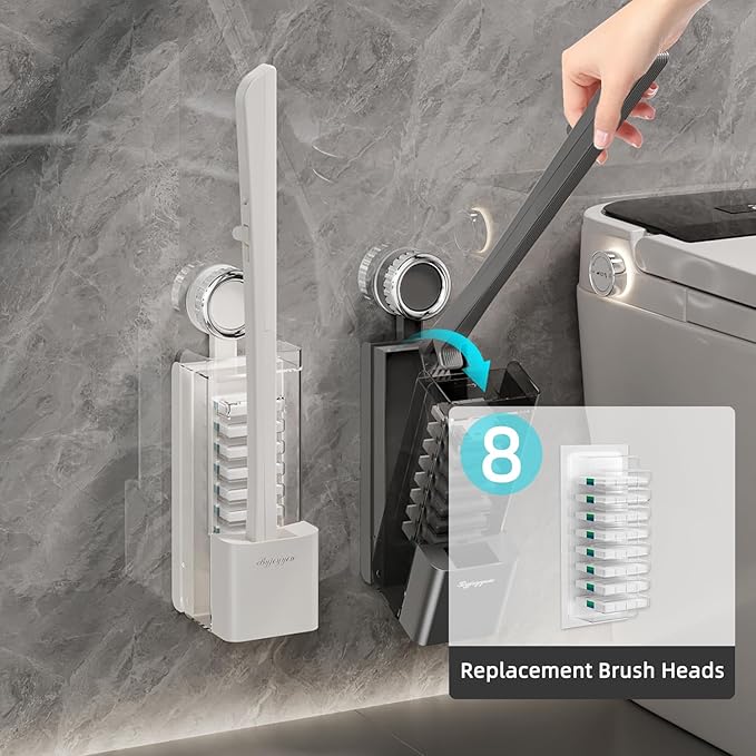 Disposable Toilet Brush with Replaceable Heads, Wall-Mounted Holder, Hygienic Bathroom Cleaning Tool (WhiteToilet Brush + 8 Refills)-Ruum Studio Home