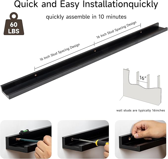 Fun Memories Picture Ledge Shelf, 48 Inch Floating Shelves Set of 2, Large Nursery Book Shelves for Toys Storage, Kids Bookshelf Wall Mounted for Wall Decor Books Photo Frames, Black-Ruum Studio Home