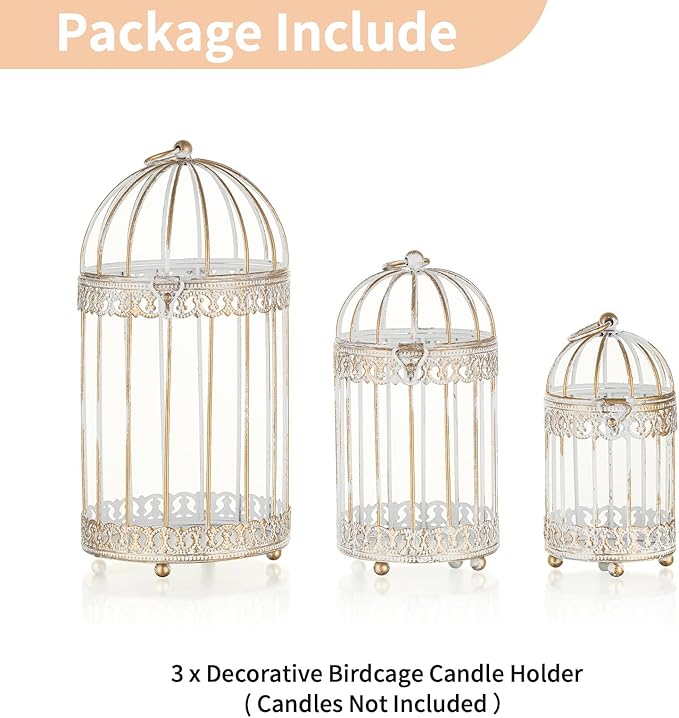 NUPTIO Decorative Candle Lanterns White: 3 Pcs Distressed White Metal Bird Cage Indoors Lantern Centerpiece Assorted Rustic Birdcage Pillar Candle Holders for Home Living Room Porch Office Decoration-Ruum Studio Home