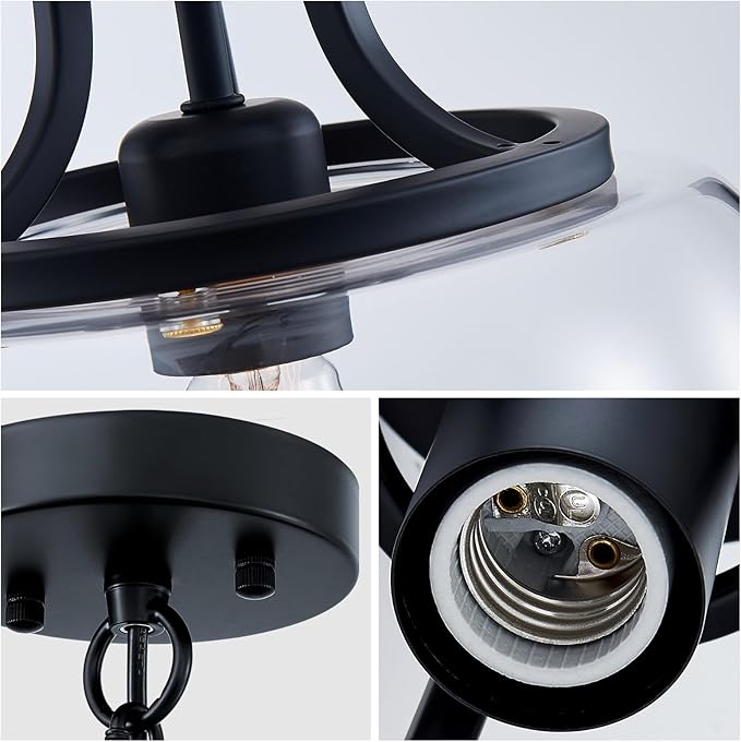 WUZUPS Chandelier Rustic Farmhouse Industrial Round Ceiling Pendant LED Light Fixture with Clear Glass Shades for Dining Room Kitchen Island Foyer Entryway, H 13" x W 10", E26 Base, Black-Ruum Studio Home
