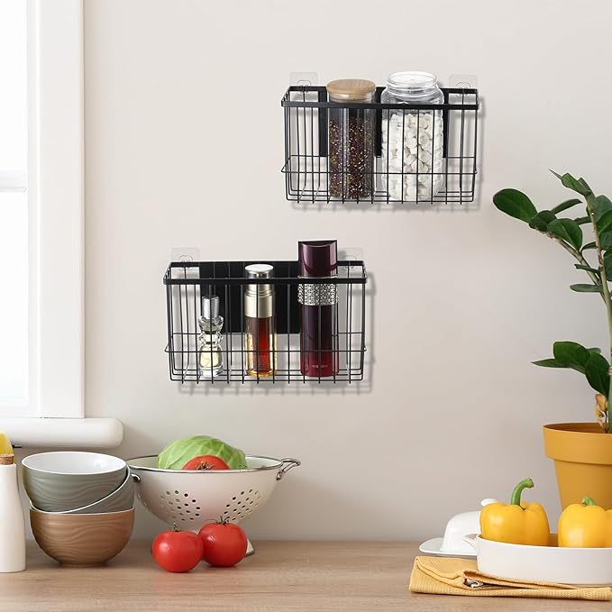 3 Pcs Magnetic or Adhesive Refrigerator Organizer Magnetic Baskets Kitchen Holder for Refrigerator Metal Shelf Rack Storage with 2 Types of Installation(Black)-Ruum Studio Home