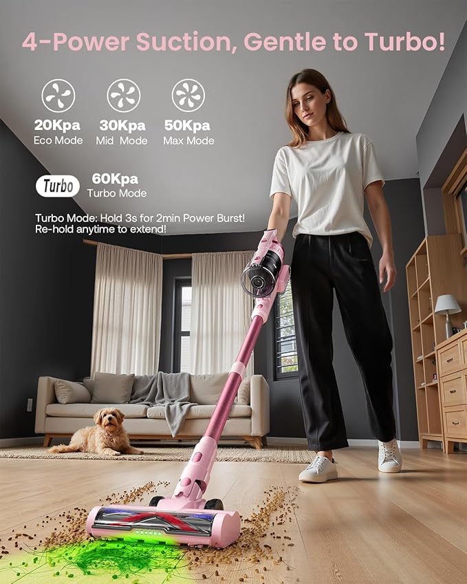 Cordless Vacuum Cleaner for Home, Upgraded 60Kpa Powerful Suction Pet Hair Vacuum with 70min Runtime, Green LED Light for Hardwood Floors & Carpet, Self-Standing Rechargeable Stick Vacuum, Pink-Ruum Studio Home