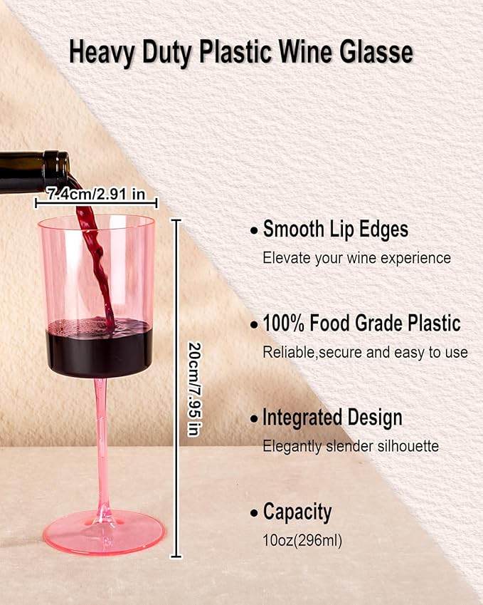 Ciaell 12 Pack Pink Plastic Wine Glasses - 10 Oz Disposable Wine Glasses with Stem for Parties & Weddings & Poolside & Outdoors & Camping-Ruum Studio Home