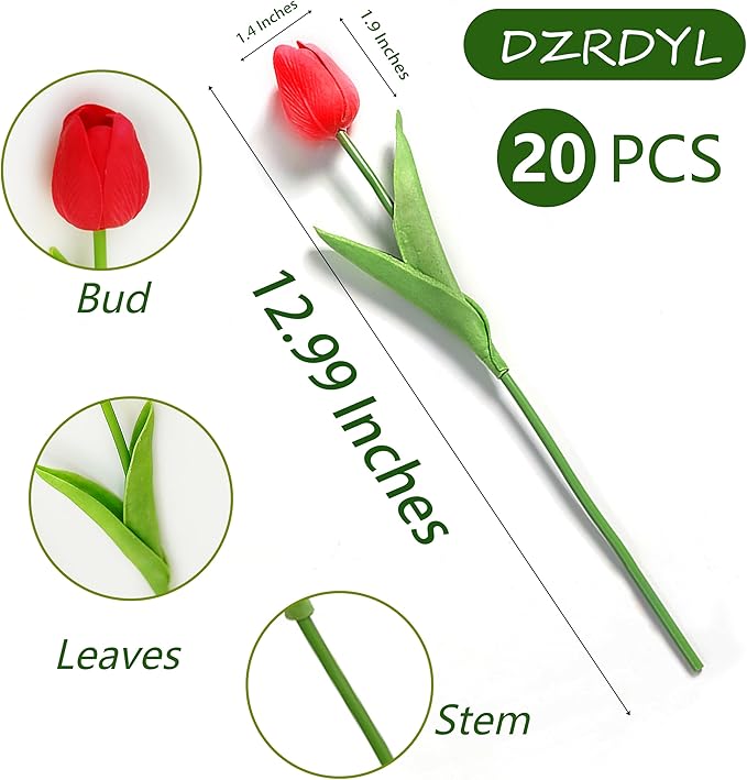 20pcs Red Artificial Tulip Fake Flower 12.9 Inch Spring Mother's Day Easter Gift for Home Kitchen Wedding Decoration-Ruum Studio Home