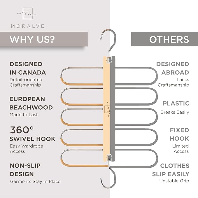 MORALVE Pants Hangers Space Saving - 2 Pack European Beechwood Scarf and Jean Hangers - Closet Organizer and Space Saver Pant Rack, Leggings Hanger, and Scarf Holder with 360° Swivel Hook-Ruum Studio Home