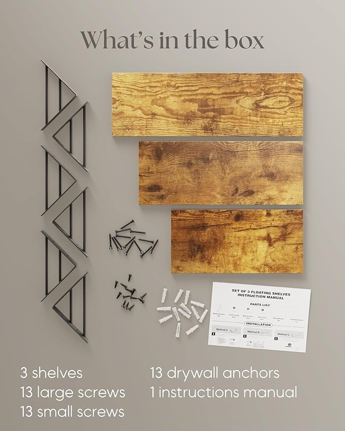 BAYKA Wall Shelves for Bedroom Decor, Floating Wall Shelves for Living Room Kitchen Storage, Wall Mounted Rustic Wood Floating Shelves for Kids Books,Corner Shelves for Bathroom(Set of 3)-Ruum Studio Home