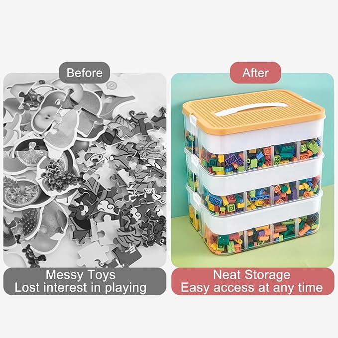 Toys Organizer Storage Case for Lego Box Kids Toy Stackable Building Blocks with Lids Bins Adjustable Lego Storage Containers Plastic Toy Box 2 Layer (Lemon)-Ruum Studio Home