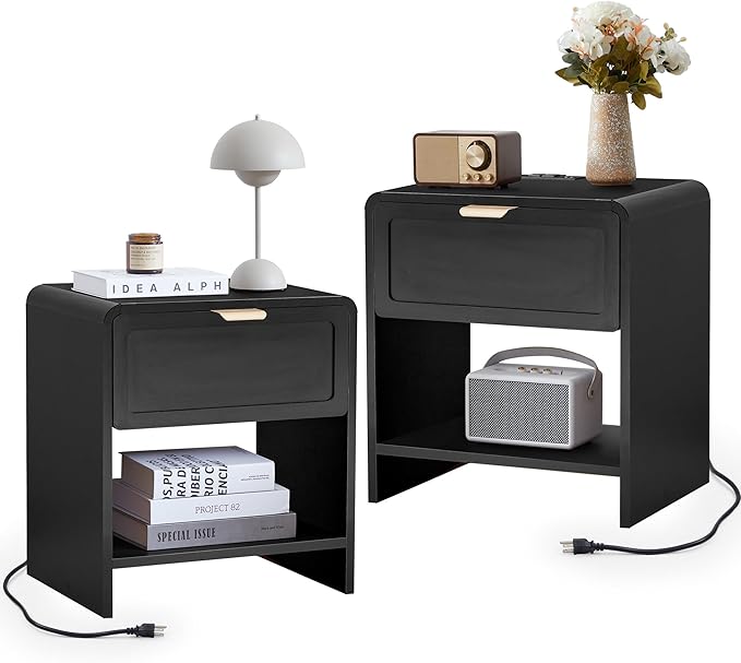 LEVNARY Nightstand with Charging Station, Mid-Century Modern Bedside Table with Curved Top Corners and Storage Drawer, Wooden End Table for Farmhouse Bedroom Living Room (1, Black)-Ruum Studio Home