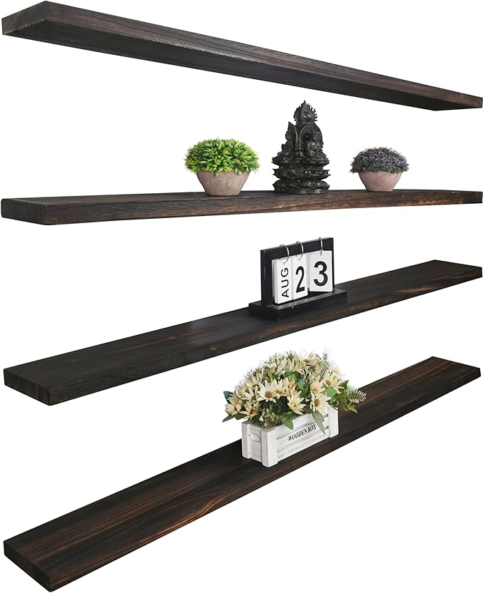 Wood Floating Shelves for Wall Decor, Rustic Wall Shelves for Bedroom Bathroom Kitchen Living Room, Set of 4 Walnut 48 Inch-Ruum Studio Home