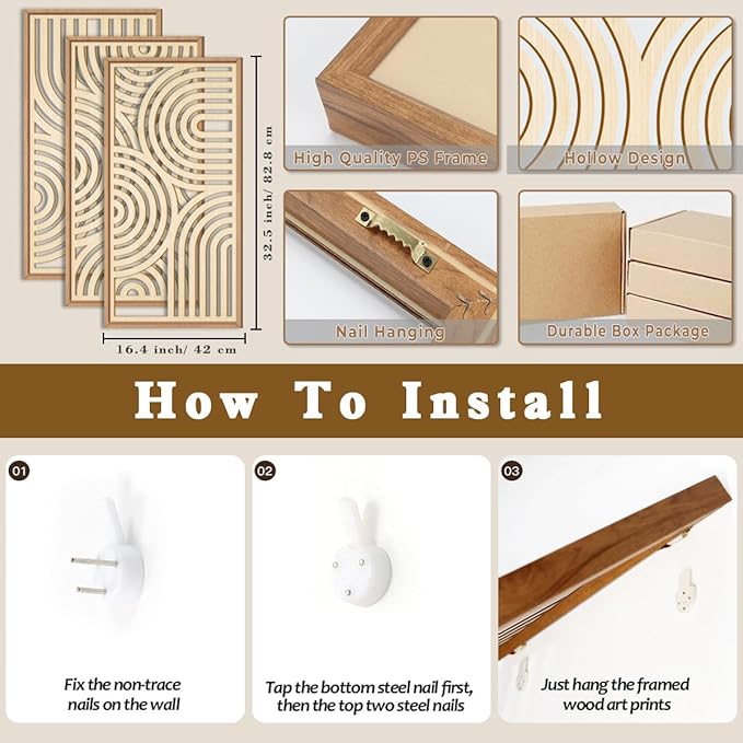 IARTTOP Large Boho Wood Wall Art Set of 3 Framed Wooden Mid-century Modern Wall Decor Minimalist Modern Abstract Geometric Decor for Living Room Bedroom Office-16x32 Inch-Ruum Studio Home