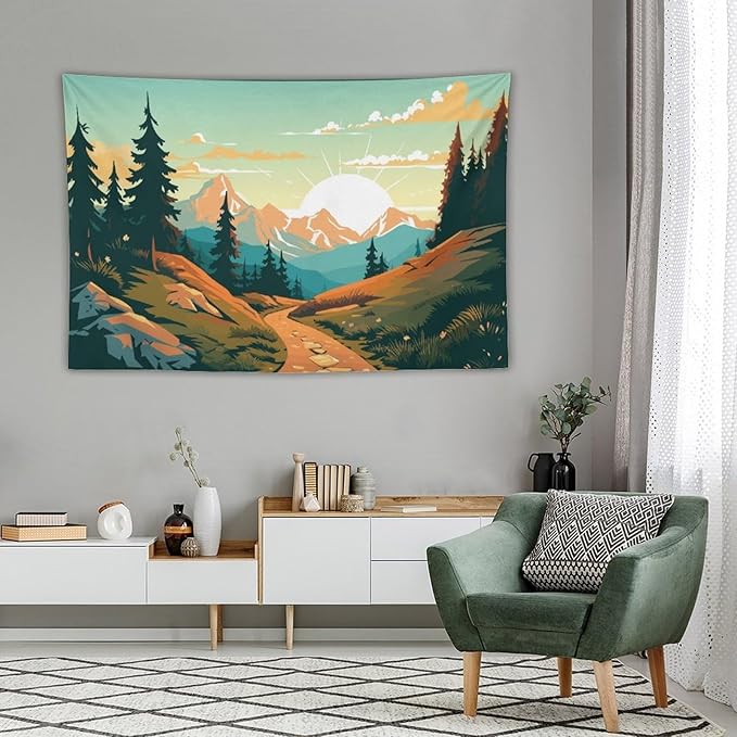 HZOHNAGO Mountain Tapestry Forest Mountain Sunrise Road Pattern Printed Wall Tapestry Wall Hanging for Bedroom Living Room Dorm 60" W x 40" H-Ruum Studio Home