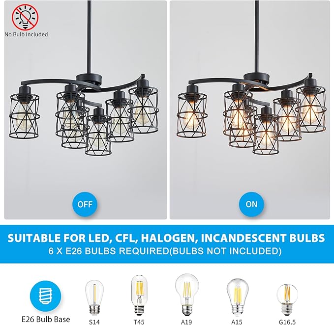 XINGQI Modern Black Chandelier 6-Light Pendant Lighting Fixture with Metal Shade 24" Height Adjustable for Dining Room Living Room Bedroom-Ruum Studio Home