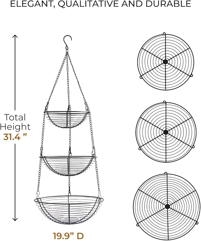 REGAL TRUNK & CO. 3 Tier Hanging Fruit Basket, Farmhouse Wire Basket, Three Tier Fruit Basket for Kitchen for Vegetables, Bread & More, Metal Chain, Hanging Hook and Detachable Round Wire Baskets-Ruum Studio Home