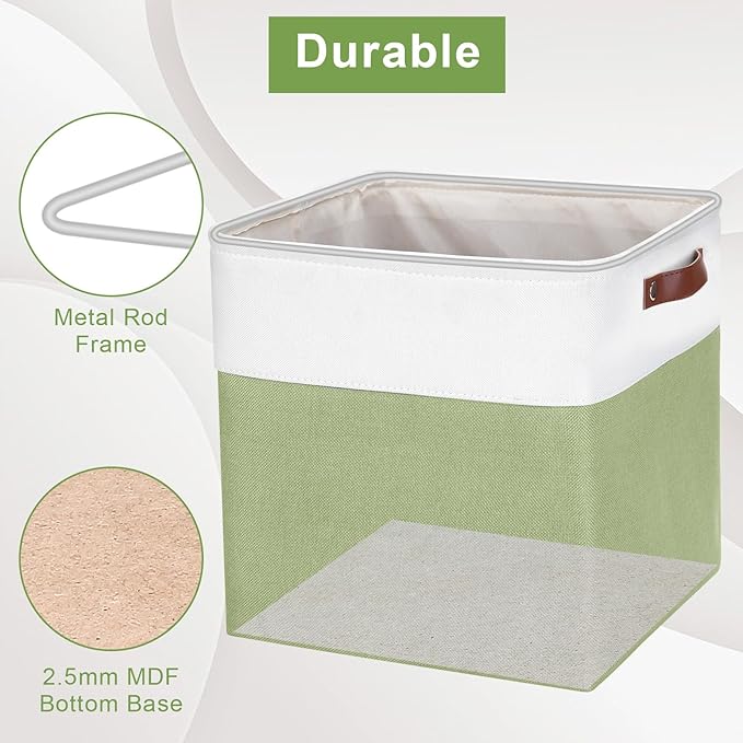 13x13 Cube Storage Bins, Collapsible Fabric Storage Box, 4 Pack Closet Baskets with Handles for Organizing, Shelf, Toys, Clothes, Home, Office, Nursery (Green&White)-Ruum Studio Home