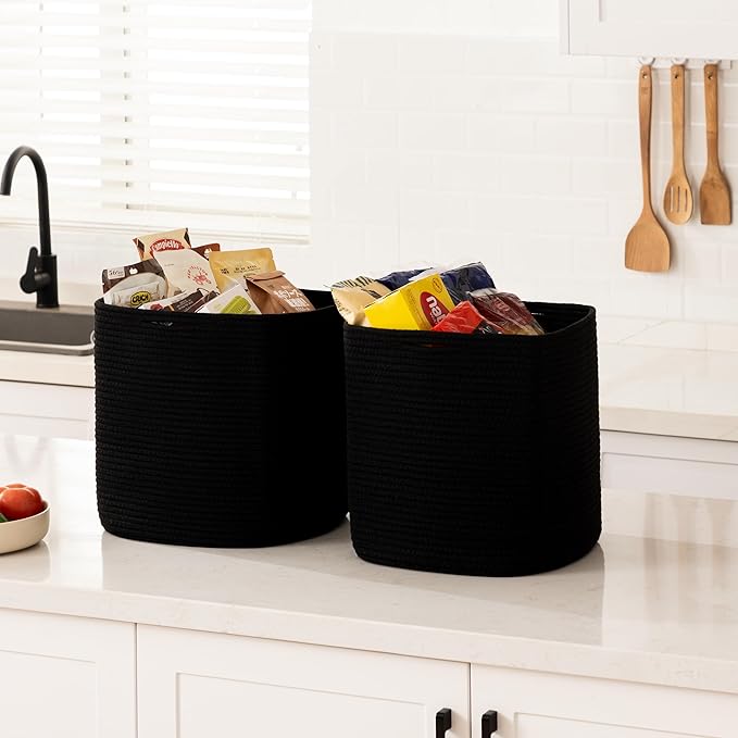 joybest Cube Storage Bins Set of 4, 13inch Cube Baskets Organizer for Nursery, Square Cotton Rope Baskets for Shelves Organizing, Kids Toy, Closet Storage, Black-Ruum Studio Home