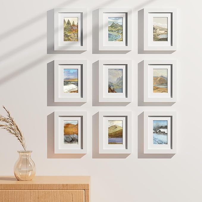 Vittanly 6x8 Picture Frames Set of 9, Shatter Resistant Plexiglass, Display 4x6 Pictures with Mat or 6x8 without Mat, Photo Frames for Wall or Tabletop, Engineered Wood, White-Ruum Studio Home
