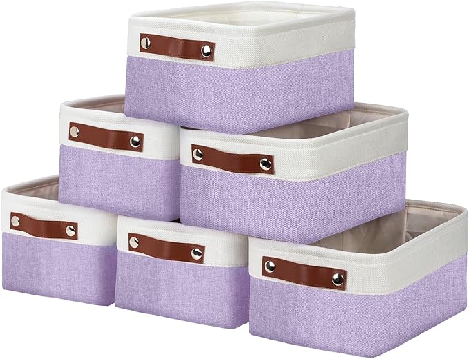 DULLEMELO Small Storage Baskets 6 Pack, Fabric Collapsible Gift Storage Baskets for Shelves, Closets, Nursery, Home, Office Organizing,Small Canvas Linen Rectangular Storage Bins (White&Purple)-Ruum Studio Home
