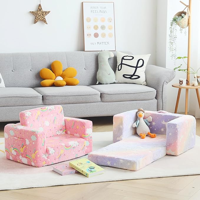 Toddler Chair Kids Couch, 2-in-1 Comfy Armchair with Removable and Washable Cover Carrying Handle, Convertible Reading Chair Toddler Couch for Girls and Boys, Pink Rainbow-Ruum Studio Home