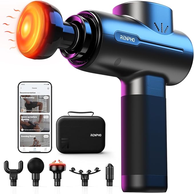 RENPHO Massage Gun with Heat, Portable Percussion Massager with Bluetooth for Back and Neck, Gifts for Men and Women, Carry Case, Active+ Thermal-Ruum Studio Home