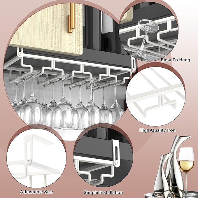 AUHOKY 2Pcs Adjustable Wine Glass Rack Under Cabinet, Punch-Free 4 Rows Stemware Wine Glass Metal Holder, Hanging Wine Glasses Storage Hanger Organizer for Shelf Kitchen Bar Decor(White, 4 Rows)-Ruum Studio Home