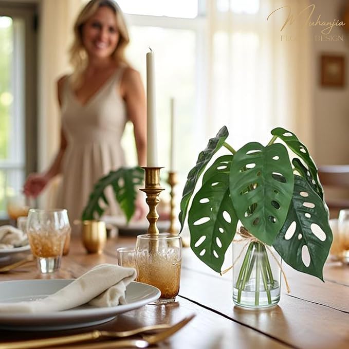 Artificial Flowers Turtle-Back, Alocasia Leaf, in Glass Vase with Faux Water,7Pcs Artificial Leaves Real Touch Latex Leaves for Centerpiece (1, Turtle-Back Leaf)-Ruum Studio Home