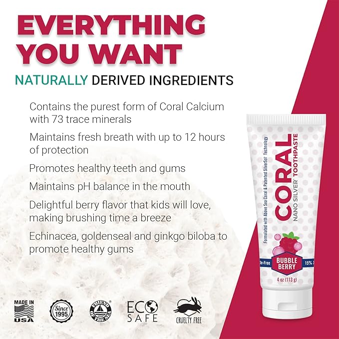 Coral Nano Silver Bubble Berry Kids Toothpaste, Natural Fluoride Free Teeth Whitening Toothpaste, Coral Calcium Nano Silver Infused SLS Free - 4 Ounces (4 Pack)-Ruum Studio Home