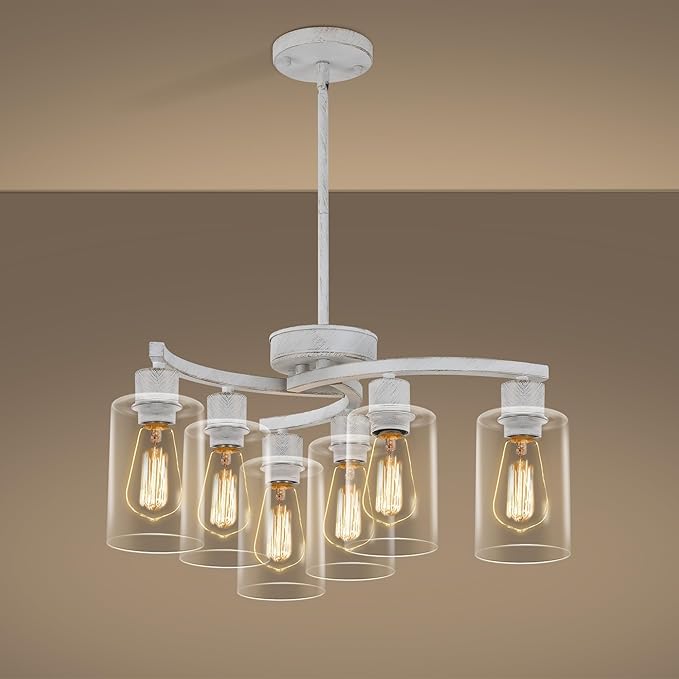6-Light Antique White Chandelier with Clear Glass Shade, French Country Chandeliers for Dining Room, Adjustable Height Hanging Farmhouse Pendant Lighting for Kitchen Island Entryway Office-Ruum Studio Home