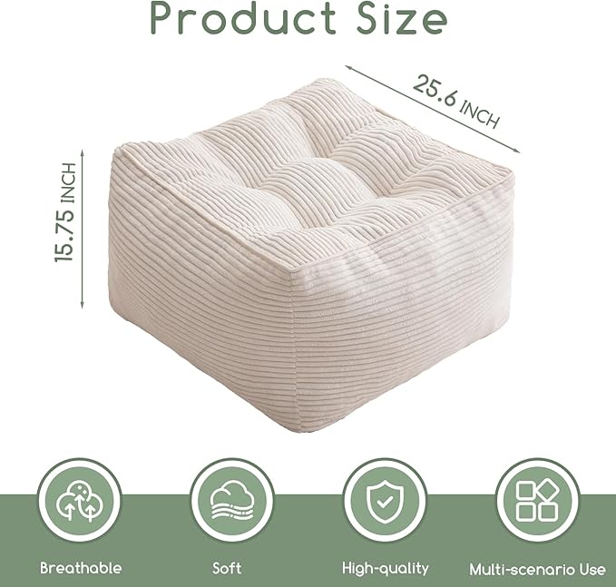 HIGOGOGO Square Stuffed Pouf Ottoman, Corduroy Poufs with Foam Chunk Filling, Furry and Fluffy Pouf Foot Stool Storage Ottoman, 25.6 X 25.6 Floor Poufs Foot Rest for Living Room, Beige-Ruum Studio Home