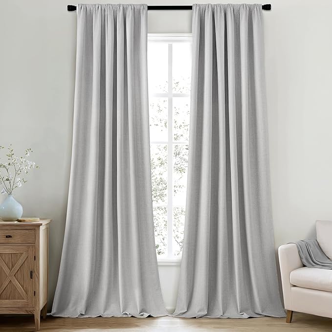 MIULEE 100% Blackout Curtains 108 Inch Long 2 Panels Set for Bedroom, Thick Luxury Faux Linen Black Out Curtain Room Darkening Back Tab Pleat Window Textured Drapes with Hooks for Living Room, Grey-Ruum Studio Home
