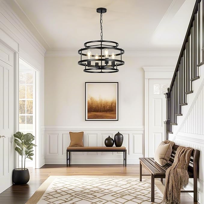 4-Light Black Chandelier for Dining Room, 19.7" Modern Farmhouse Pendant Light with Geometric Metal Frame, Industrial Flush Mount Ceiling Light for Living Room, Bedroom, Kitchen Island, Hallway, Foyer-Ruum Studio Home
