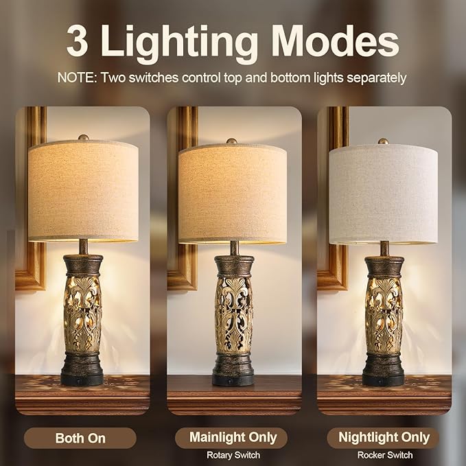 BOBOMOMO 27.25” Antique Gold Table Lamps Set of 2 – Farmhouse Bedside Lamps with Night Light & USB A+C Ports, Vintage Lamps for Bedroom, Living Room, Entryway, Nursery, Reading Nook(Bulbs Included-Ruum Studio Home