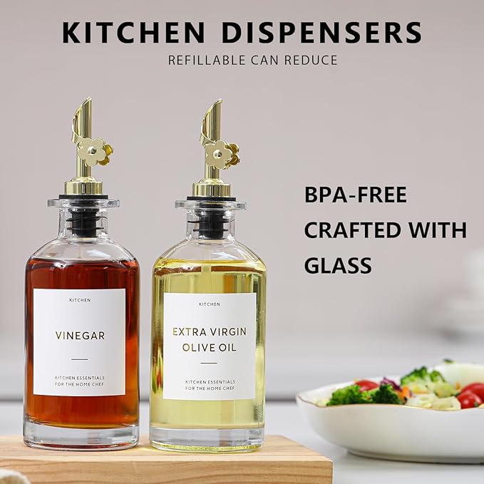 HOMCDALY Olive Oil Dispenser for Kitchen, 11.8oz Glass Dispenser Bottles with Pourer for Kitchen, Oil and Vinegar Dispensers Set, Leakproof Oil Bottle for Cooking| Set of 2 (11.8oz)-Ruum Studio Home