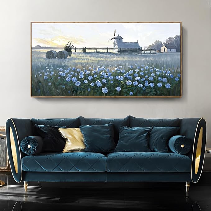 amatop Extra Large Wall Art Bedroom – Framed Country Landscape Canvas Art Blue Floral Field Windmill Print with Natural Wood Frame Rustic Wildflower Picture Home Decor for Living Room Office 58x29 Inch-Ruum Studio Home