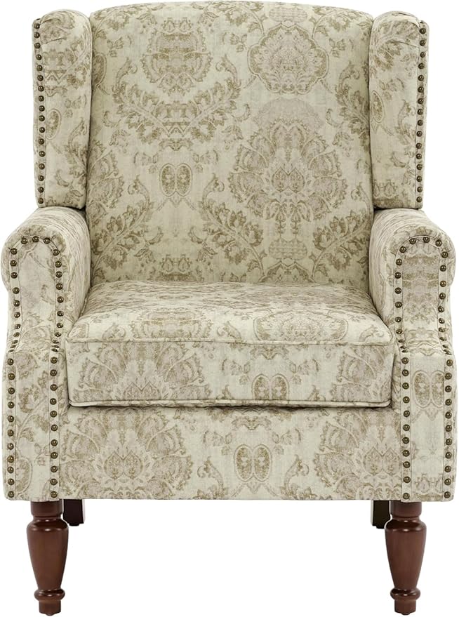 UIXE High Back Floral Accent Chair, Upholstered Armchair in Fabric for Living Room, Retro Wingback Arm Chair Comfy Single Sofa Bedroom Reading Seat with Solid Wood Legs, White-Ruum Studio Home