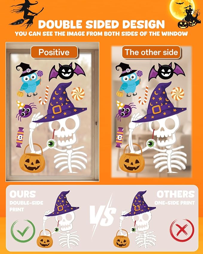 Halloween Window Clings - 9 Sheets 82 Pcs Cute Happy Halloween Window Decorations Indoor for Home Eyes Party Ghost Cat Bat Witch Stickers for Glass Double-Sided Removable Static Glass Decals-Ruum Studio Home
