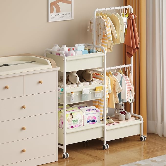 2in1 Baby Diaper Caddy & Clothes Organizer and Storage Rolling Cart, Large Capacity Nursery Organization For Baby Dresser,Changing Table, Crib, With 2 Dividers & 7 Pockets,White-Ruum Studio Home