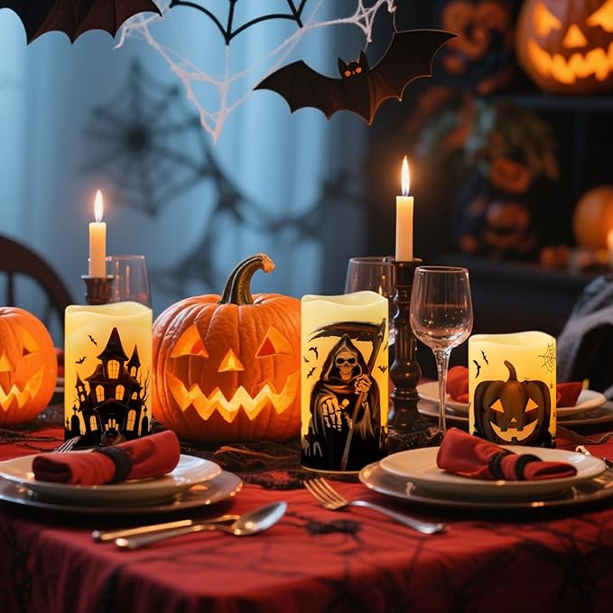 Wondise Halloween Flameless Flickering Candles with 6 Hour Timer, Battery Operated Real Wax Halloween Candles Set of 3 Halloween Decoration Grim Reaper, Haunted House, Pumpkin (3 x 4 5 6 Inch)-Ruum Studio Home