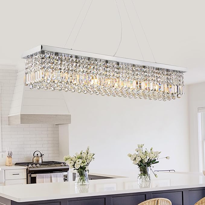 Siljoy Modern Rectangular Crystal Chandelier, 47" Rectangle Raindrop Hanging Ceiling Pendant Light Fixture Adjustable Height for Kitchen Island Dining Room, Polished Chrome Finish, L47 x W10 x H10-Ruum Studio Home